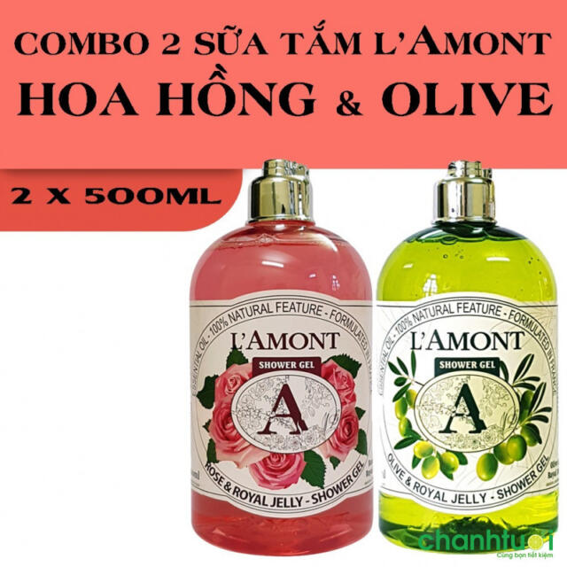 Combo 2 chai Sữa Tắm L'Amont En Provence Hương Hoa Hồng và Hương Olive 500ml